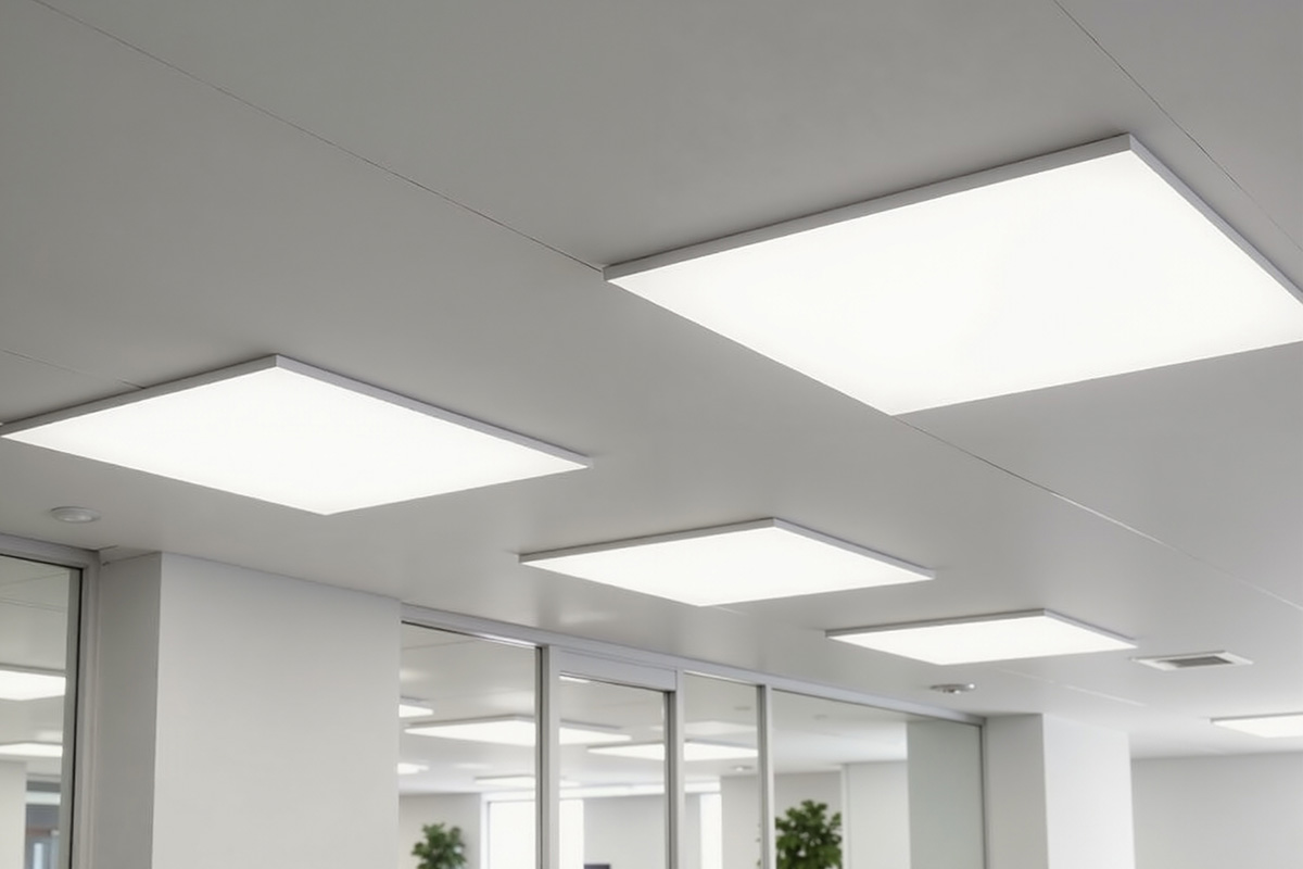An Example Of A Type Of Lighting Used Inside Of A Business. The Lights Are A Square Bright Panel.