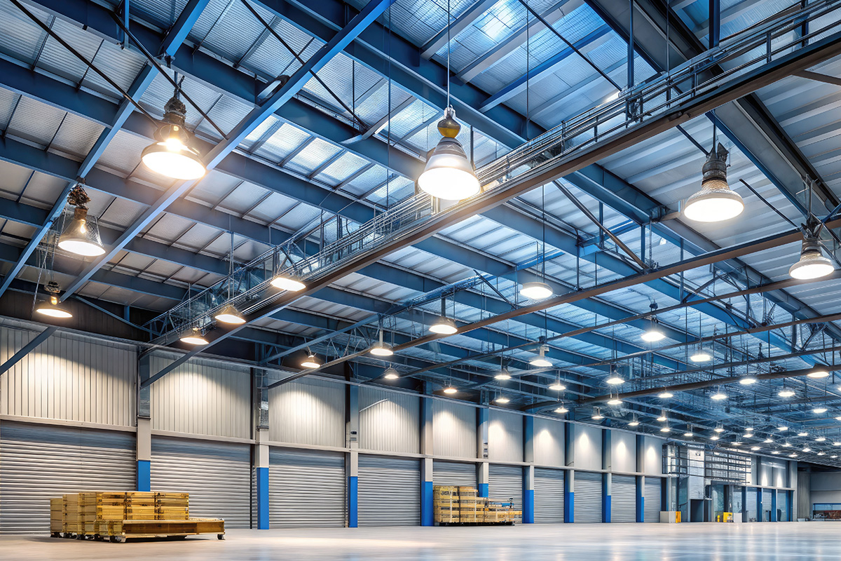 An Example Of Many Lights Installed By Rahman Electric Being Hung Up Inside Of A Warehouse